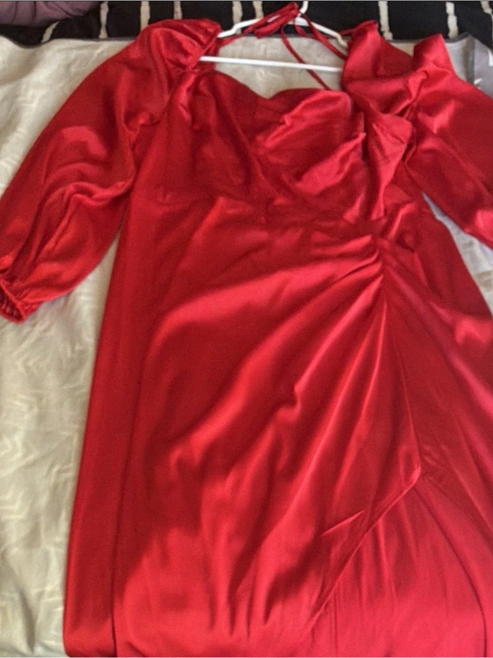 SHEIN Red Satin Wrap-Front Puff Sleeve Midi Dress